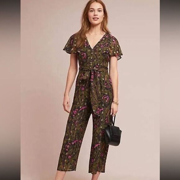 Anthropologie Ett Twa Brenda Jumpsuit Dark Floral Metallic Size 0 Party - Picture 1 of 15